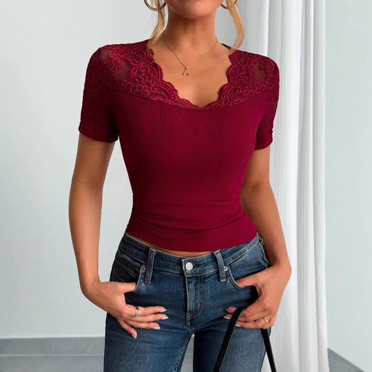 Damen Spitzen-Crop-Top mit elegantem Rundhalsausschnitt