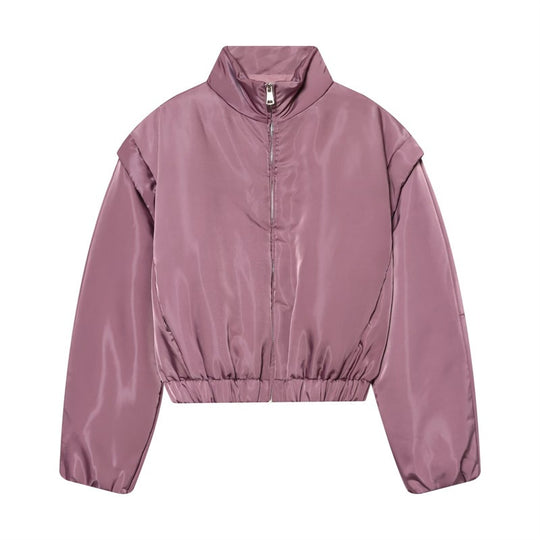 Damen Kurze glänzende Bomberjacke mit Stehkragen, tailliertem Elastbund und verdecktem Reißverschluss Shop Nory