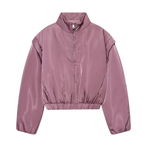 Damen Kurze glänzende Bomberjacke mit Stehkragen, tailliertem Elastbund und verdecktem Reißverschluss Shop Nory