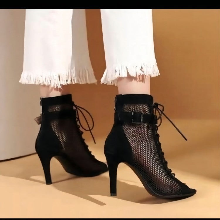 Damen Schnür-Stiletto-Sandalen mit Mesh-Einsatz und eleganter Schnallenverzierung Shopnory