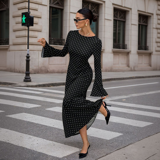 Damen elegantes Polka‑Dot Maxikleid mit tailliertem Oberteil, Trompetenärmeln und fließendem A‑Linien‑Rock Shop Nory