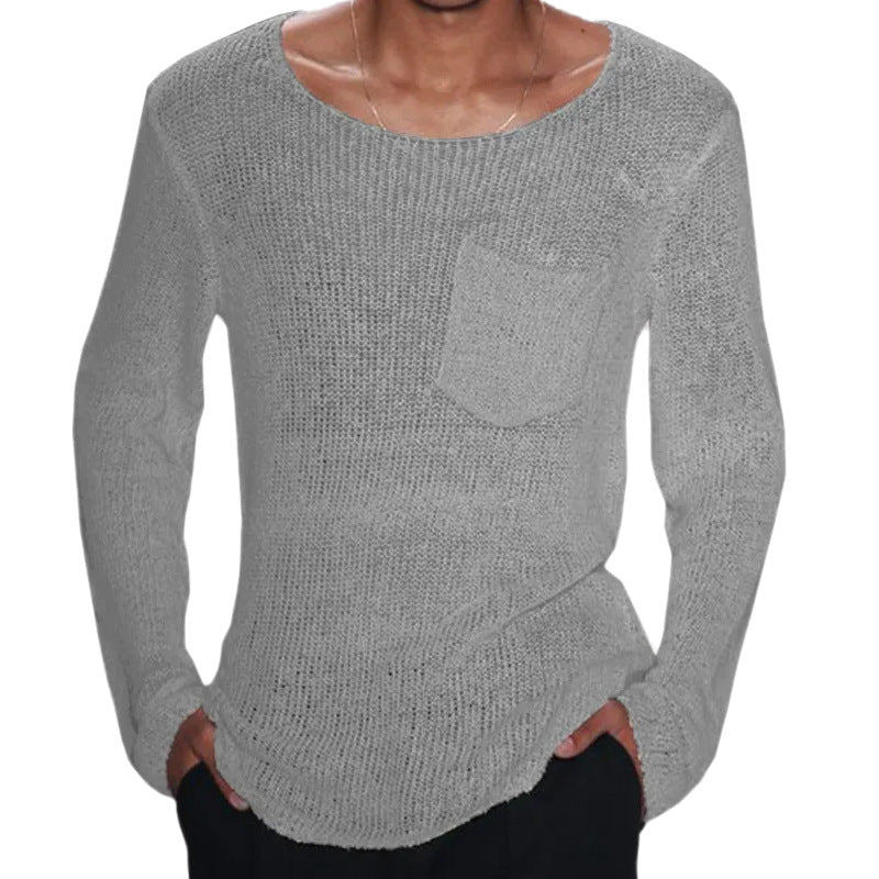 Herren lässiger Pullover mit offener Maschenstruktur und Brusttasche