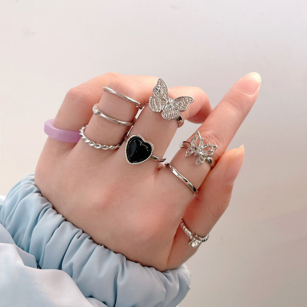 Damen kunstvoll gestaltetes Ring-Set mit Schmetterlings- und Herzmotiven Shop Nory