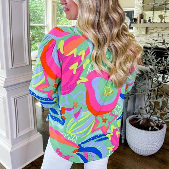 Damen Locker geschnittene Viskose-Bluse mit grafischem Alloverprint & Manschetten Shop Nory