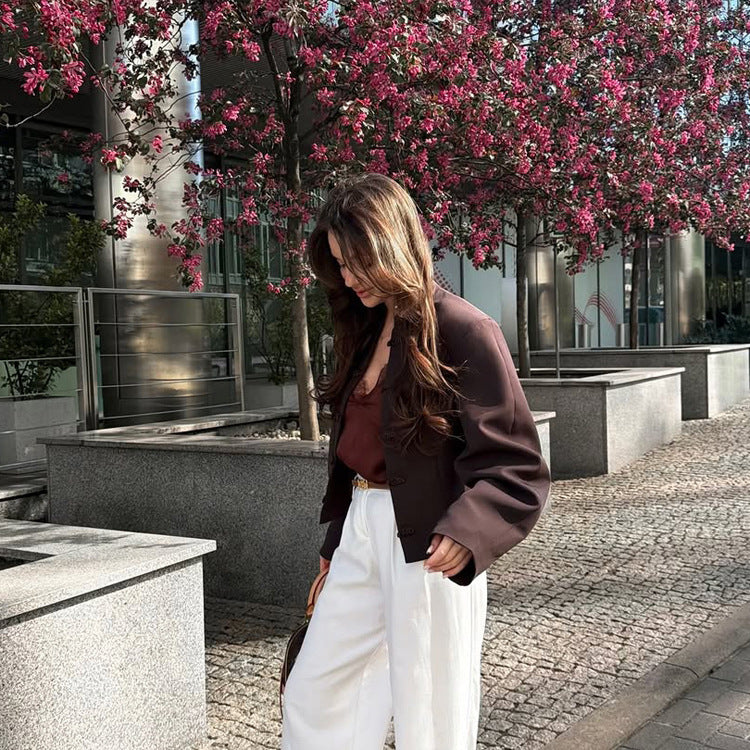 Damen Kurzgeschnittener kastiger Blazer mit Stehkragen und chinesischen Knotenknöpfen Shop Nory