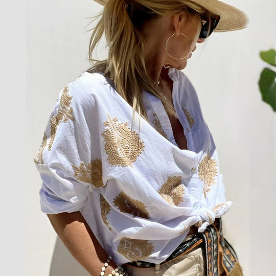 Damen Boho Leinen Bluse mit Perlenstickerei und Knotenband Shop Nory