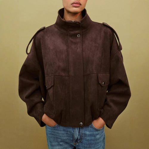 Damen Modische Wildlederjacke mit großen Taschen