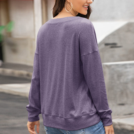 Damen gemütliches Langarm-Henley-Shirt mit Knopfleiste und tiefem Rundhalsausschnitt