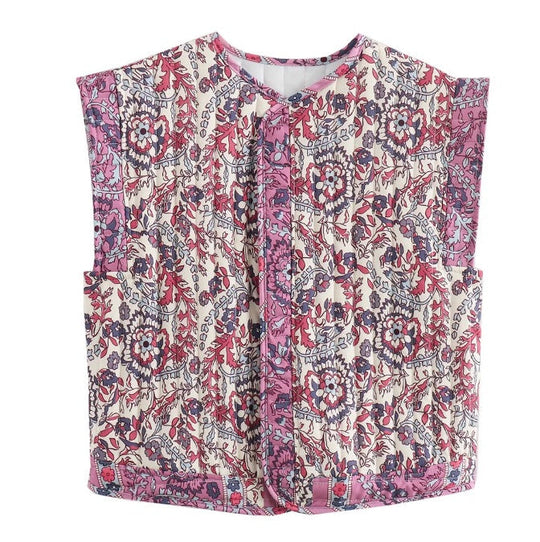 Damen Gesteppte Weste mit Floralem Design und Praktischen Taschen