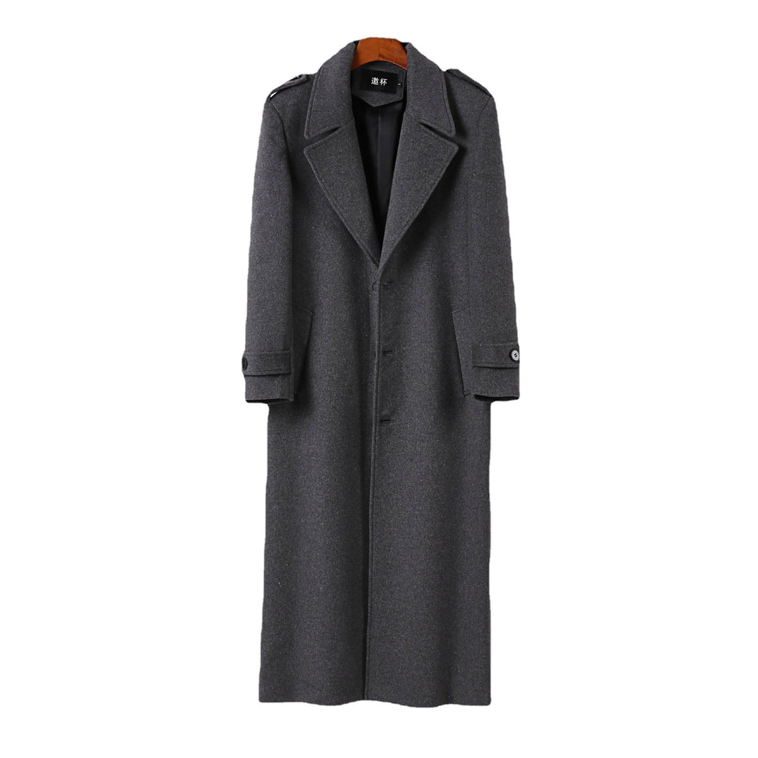 Herren Bodenlanger Einreihiger Wollmix-Mantel mit markantem Revers und Schulterriegel Shop Nory