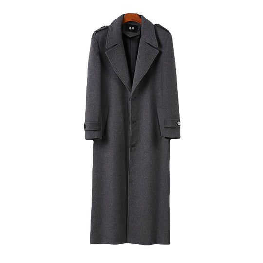 Herren Bodenlanger Einreihiger Wollmix-Mantel mit markantem Revers und Schulterriegel Shop Nory
