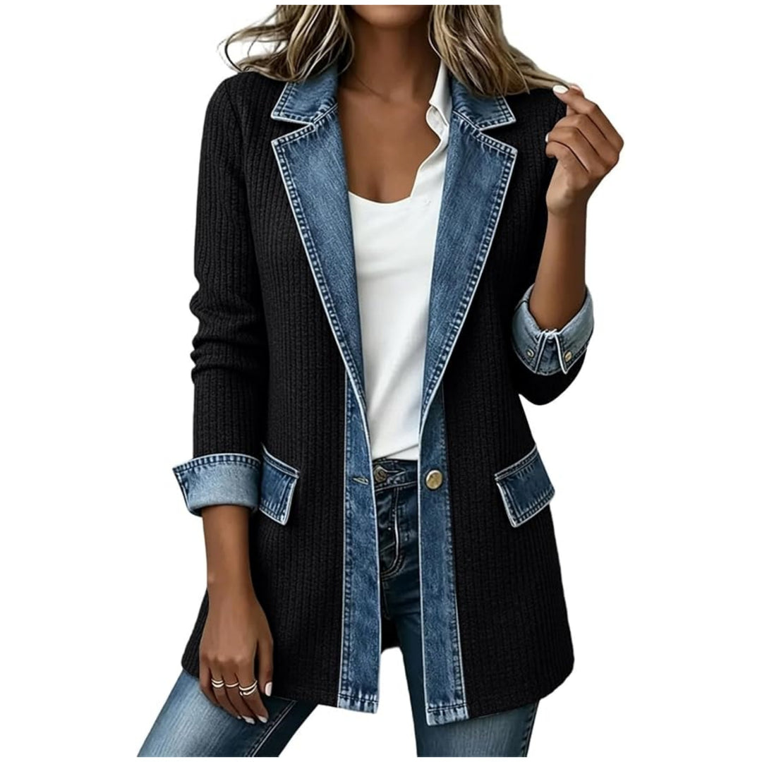 Damen Strickblazer mit Jeansbesatz und Reverskragen Shop Nory