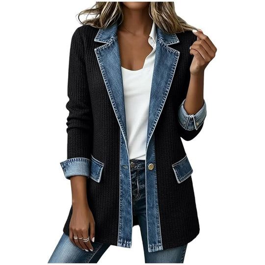 Damen Strickblazer mit Jeansbesatz und Reverskragen Shop Nory