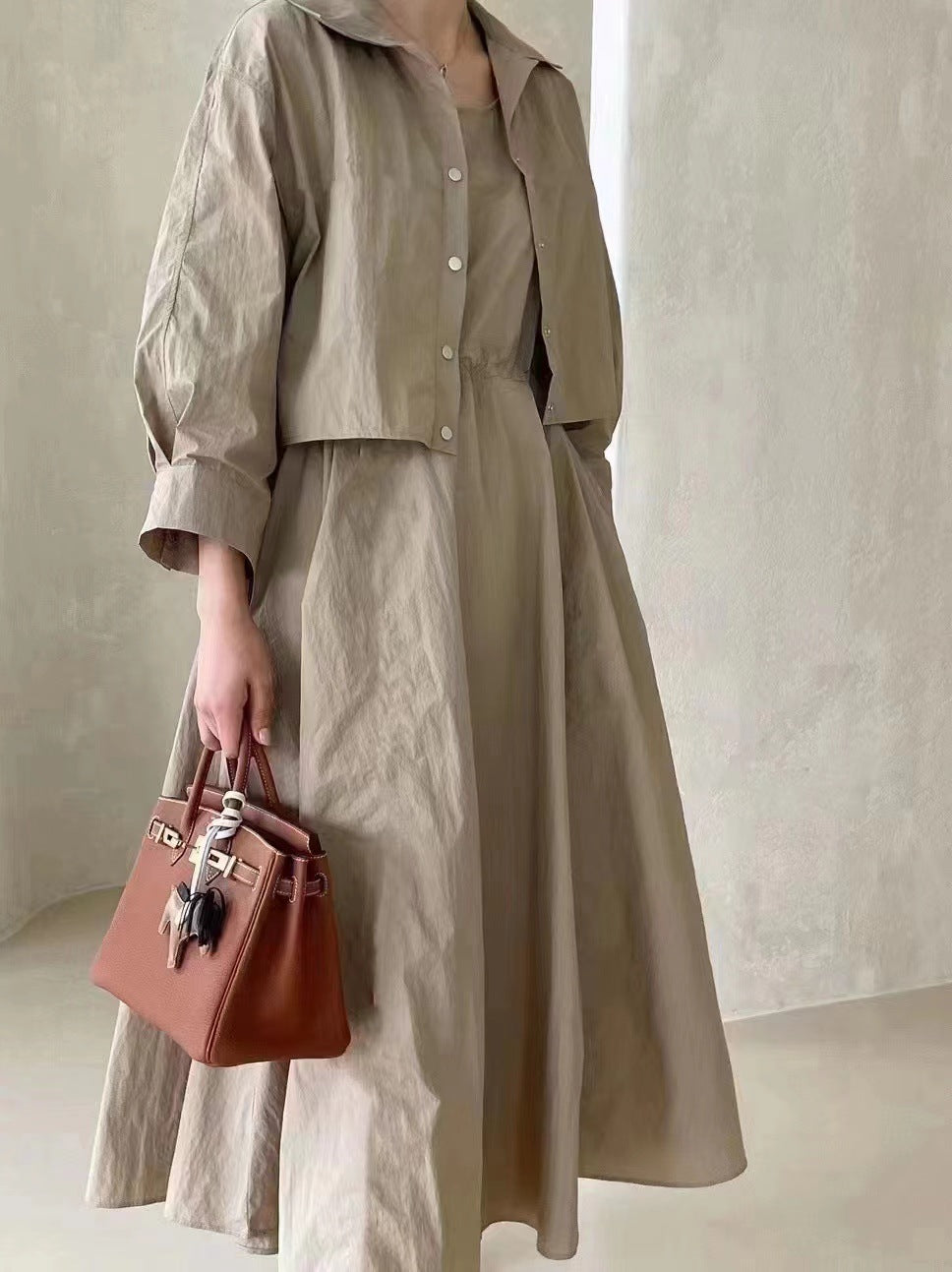Damen Boxy-Cropped-Hemdjacke und High‑Waist A‑Linien‑Midirock Set aus Crinkle‑Baumwollmix Shop Nory