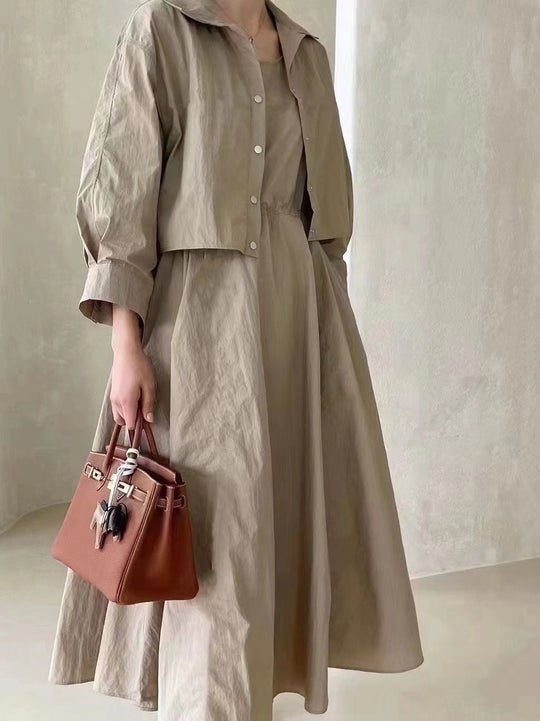 Damen Boxy-Cropped-Hemdjacke und High‑Waist A‑Linien‑Midirock Set aus Crinkle‑Baumwollmix Shop Nory