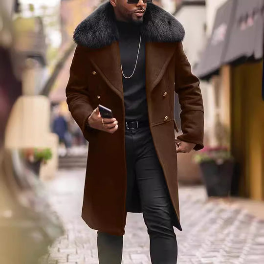 Herren Doppelreihiger Wollübermantel mit voluminösem Schafsfellkragen und goldenen Zierknöpfen Shop Nory
