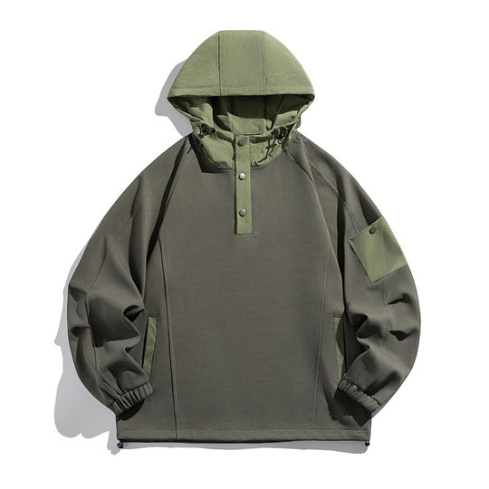 Unisex Technischer Kapuzenpullover im Oversize‑Cut mit Henley‑Knopfleiste, Patchtasche und tunnelzug Shop Nory