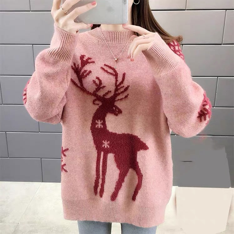 Damen Gemusterter Strickpullover mit Rentier-Jacquard, Rundhalsausschnitt und geripptem Saum Shop Nory