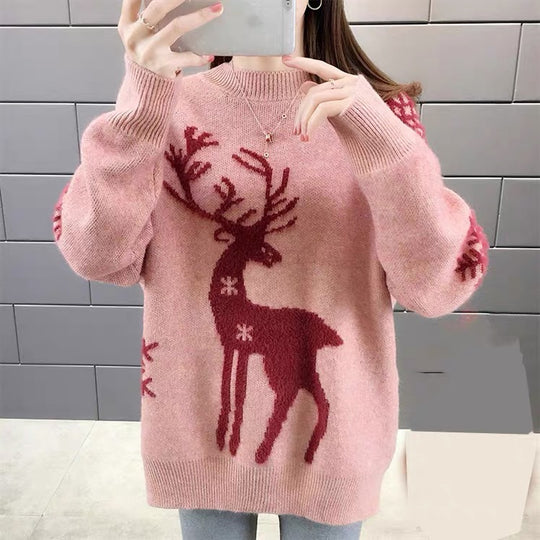 Damen Gemusterter Strickpullover mit Rentier-Jacquard, Rundhalsausschnitt und geripptem Saum Shop Nory