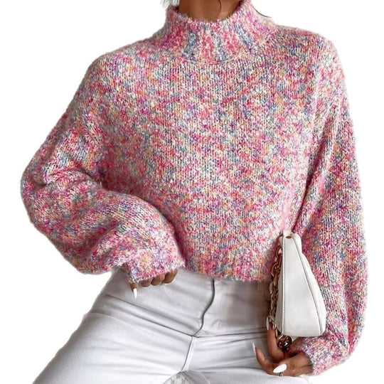 Damen Kurzgeschnittener Oversize-Pullover mit Stehkragen, mehrfarbigem Bouclé-Muster und Ballonärmeln Shop Nory