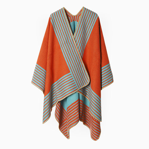 Damen Strickponcho aus Wollmix mit gestreiftem Jacquard und asymmetrischem Zipfelsaum Shop Nory