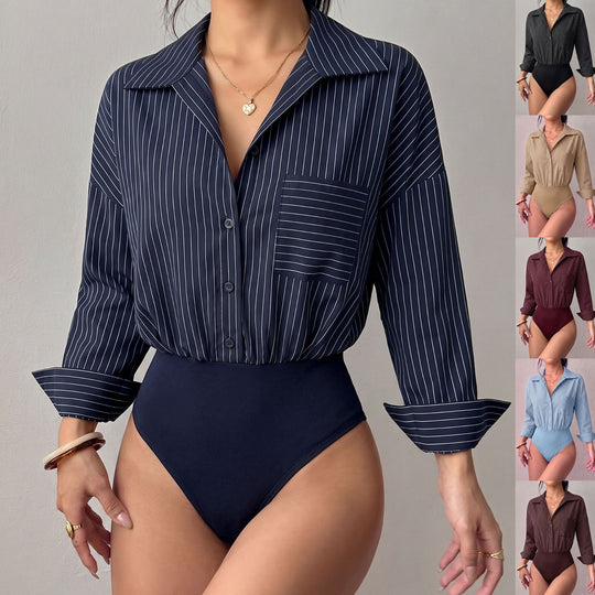 Damen Hemd-Body mit taillierter Passform, Kentkragen und feinem Streifenmuster Shop Nory