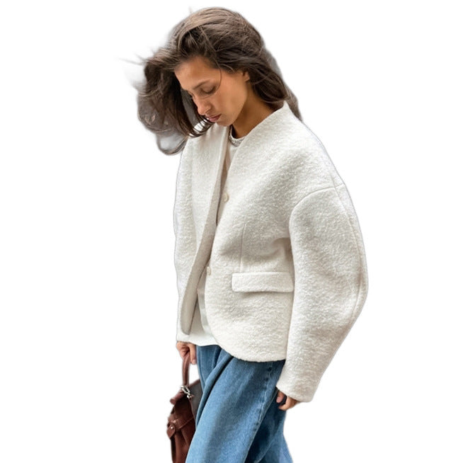 Damen Kurzjacke im Bouclé-Stil mit Oversize-Ärmeln und Pattentaschen Shop Nory