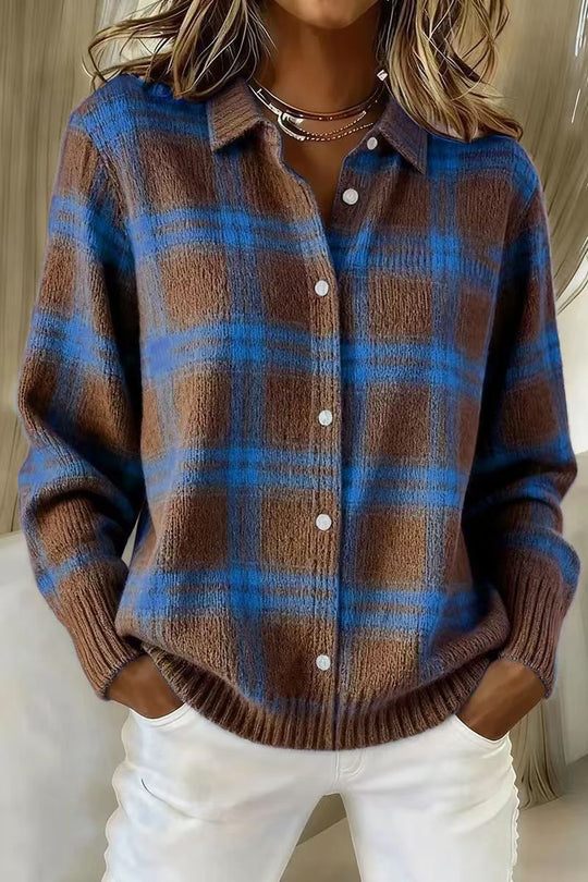 Damen Kariertes Strick-Hemdjacke-Cardigan mit Hemdkragen und gerippten Bündchen Shop Nory