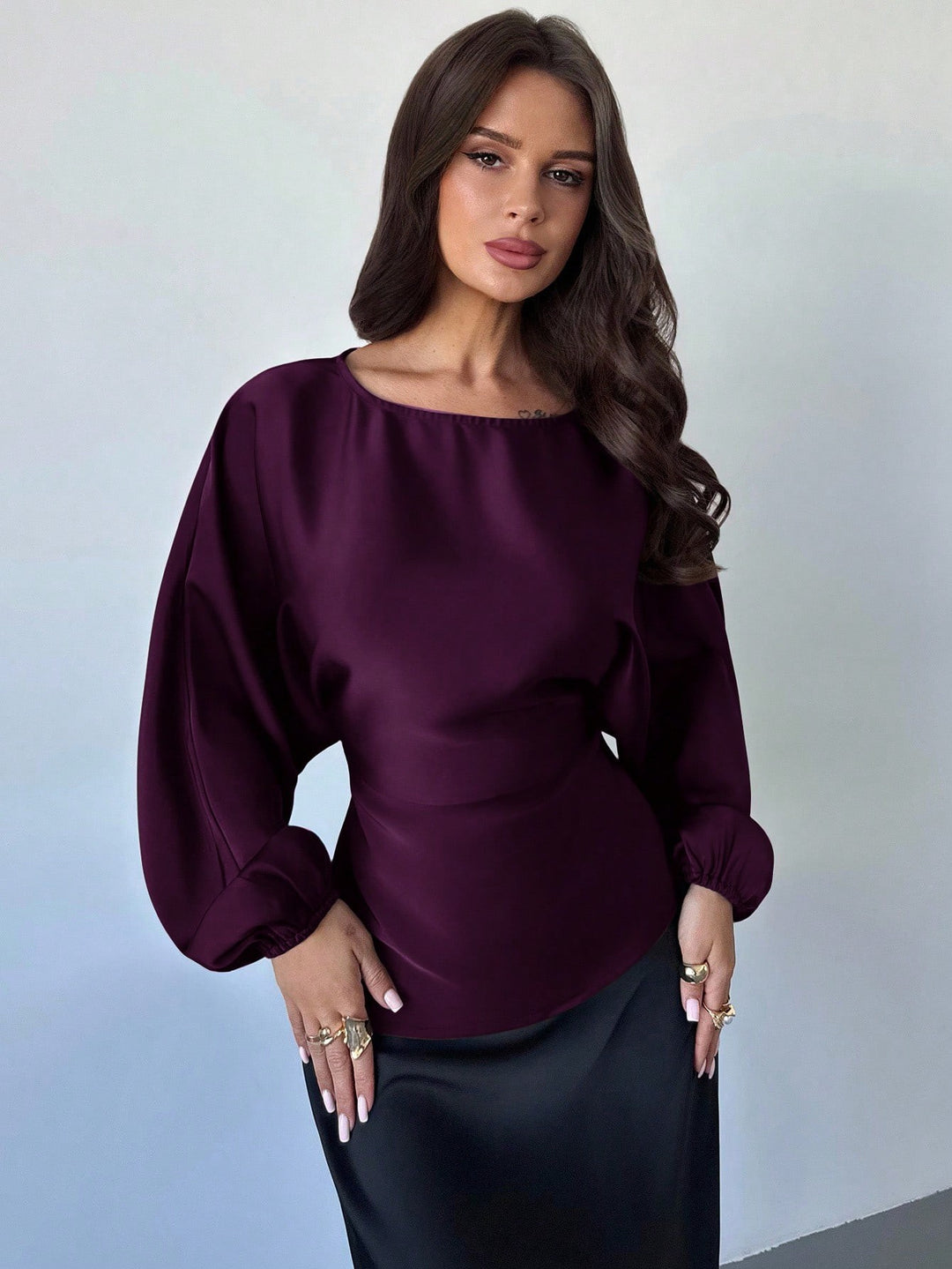 Damen Polka-Dot Satinbluse mit Ballonärmeln und weitem Rundhalsausschnitt Shop Nory