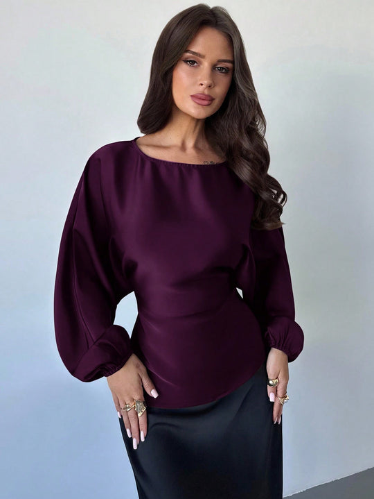 Damen Polka-Dot Satinbluse mit Ballonärmeln und weitem Rundhalsausschnitt Shop Nory