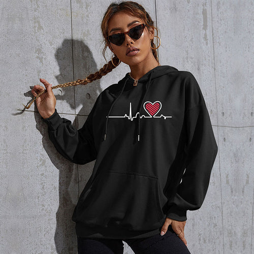 Damen Oversize-Kapuzenpullover mit Herz-EKG‑Print und Kängurutasche Shop Nory