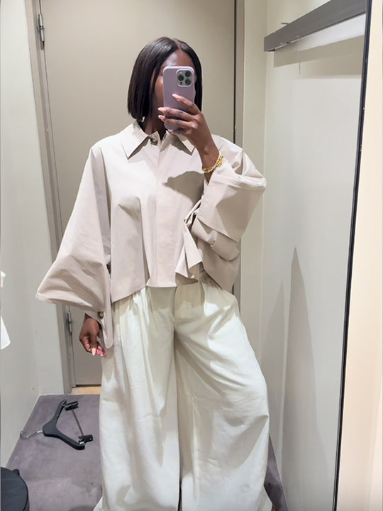 Damen kastige Cropped-Hemdbluse mit weitem Fledermausärmel und feiner Kellerfalte Shop Nory