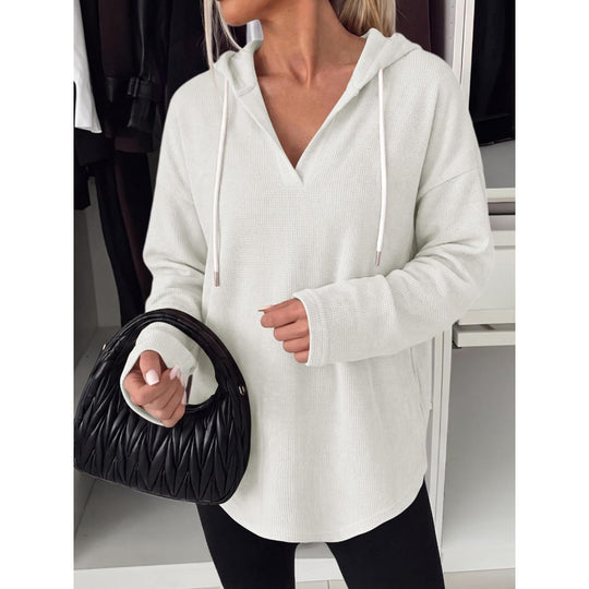 Damen Waffelstrick-Kapuzenpullover mit V-Ausschnitt, Oversize-Schnitt und Seitenschlitzen Shop Nory