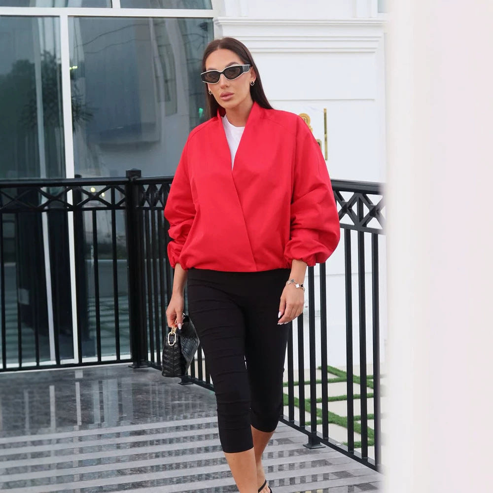 Damen kurz geschnittene Oversize-Wickeljacke mit Ballonärmeln Shop Nory