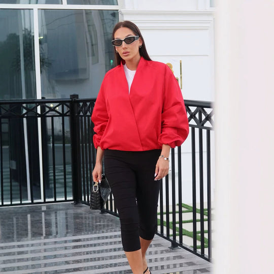 Damen kurz geschnittene Oversize-Wickeljacke mit Ballonärmeln Shop Nory