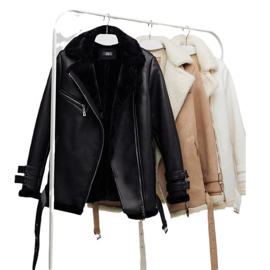 Damen Oversized Kunstleder-Fliegerjacke mit Teddyfell-Futter und Schnallen Shop Nory