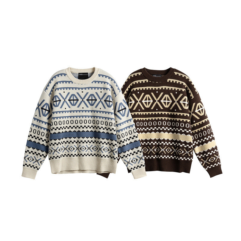 Unisex Gemusterter Grobstrickpullover im Norwegerstil mit Rundhals Shop Nory
