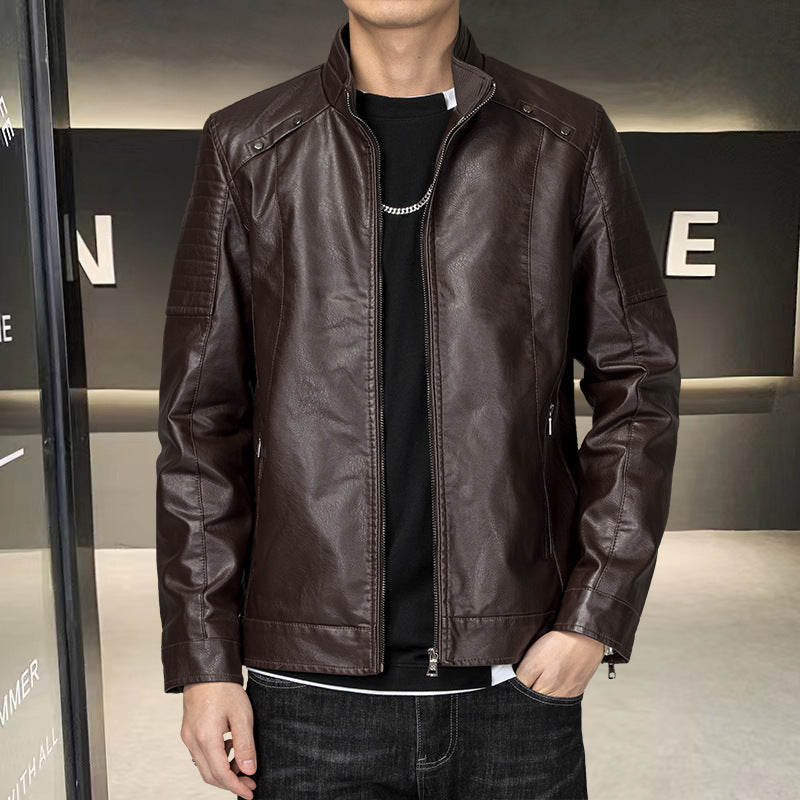 Herren schlanker Kunstleder-Moto-Blouson mit ergonomischen Nähten und Stehkragen Shop Nory
