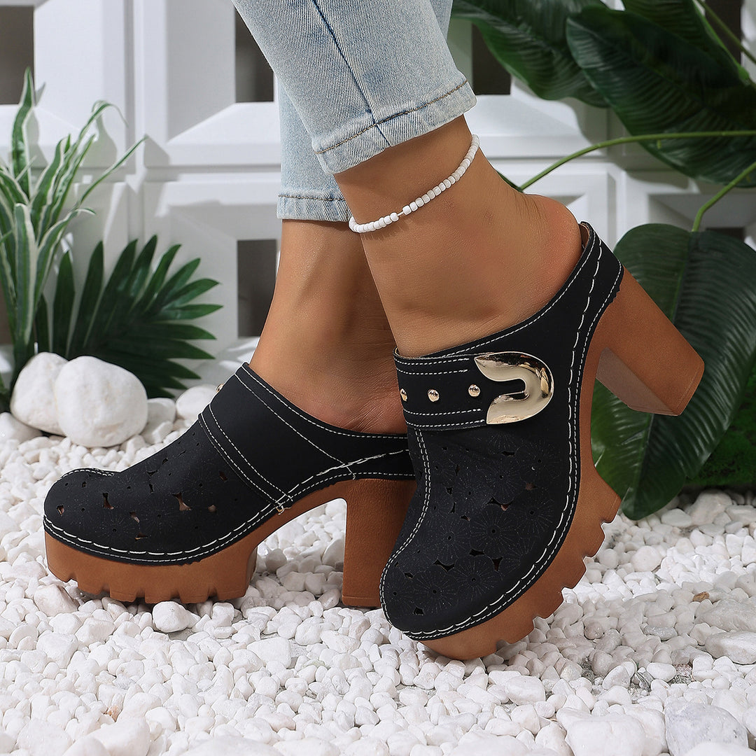 Damen Plateau-Clogs mit floralem Perforationsmuster, dekorativer Metallschnalle und hohem Blockabsatz Shop Nory