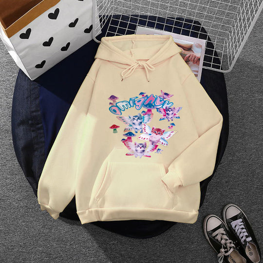 Damen nan Kapuzenpullover mit verspieltem Katzen‑Schmetterlings-Print und Kängurutasche Shop Nory