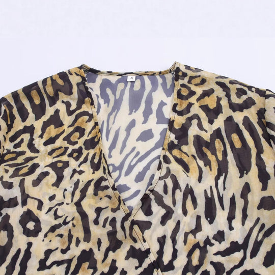 Damen Asymmetrische Wickelbluse mit Leopardenmuster, V-Ausschnitt, Ballonärmeln und Taillengürtel Shop Nory