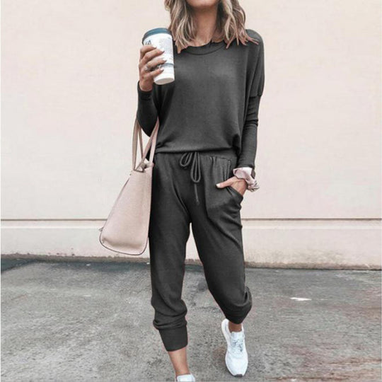 Damen Lässiges Lounge-Set mit Rundhalsausschnitt, Kordelzug-Hose und Bündchen Shop Nory