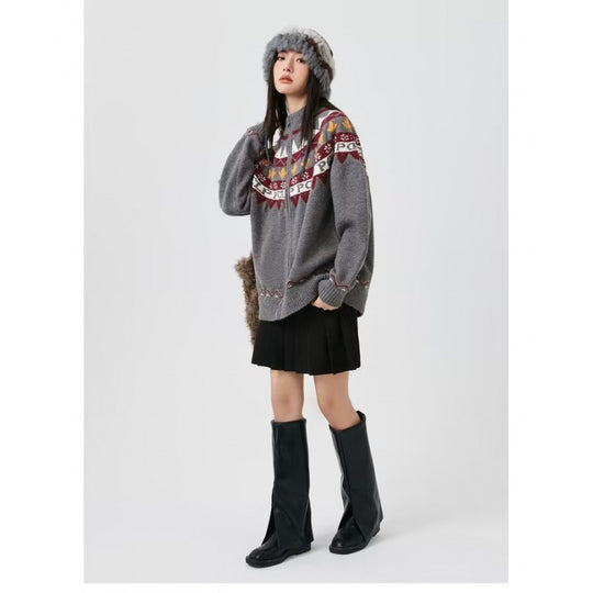 Damen Lässige Strick-Zipjacke mit Jacquard-Yoke und Rippbündchen Shop Nory