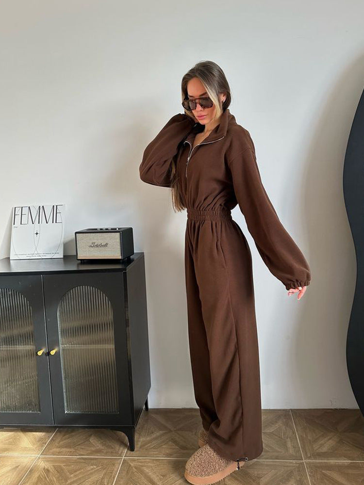 Damen kuscheliger Plüsch-Jumpsuit mit halbem Reißverschluss und elastischer Taille Shop Nory