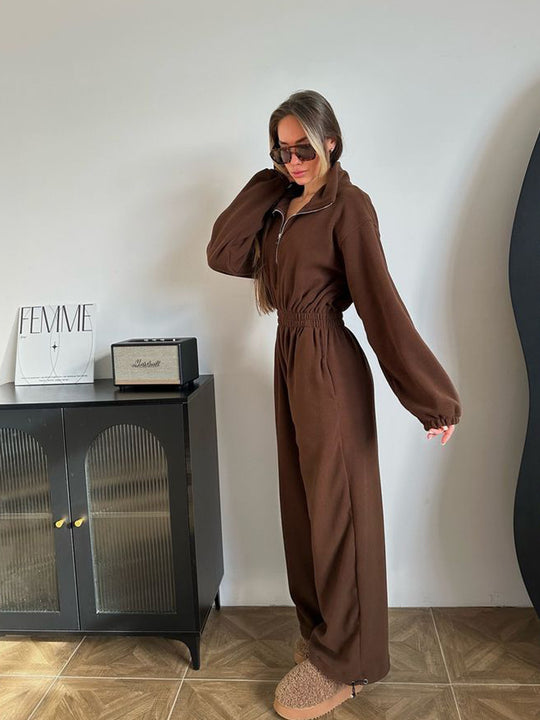 Damen kuscheliger Plüsch-Jumpsuit mit halbem Reißverschluss und elastischer Taille Shop Nory