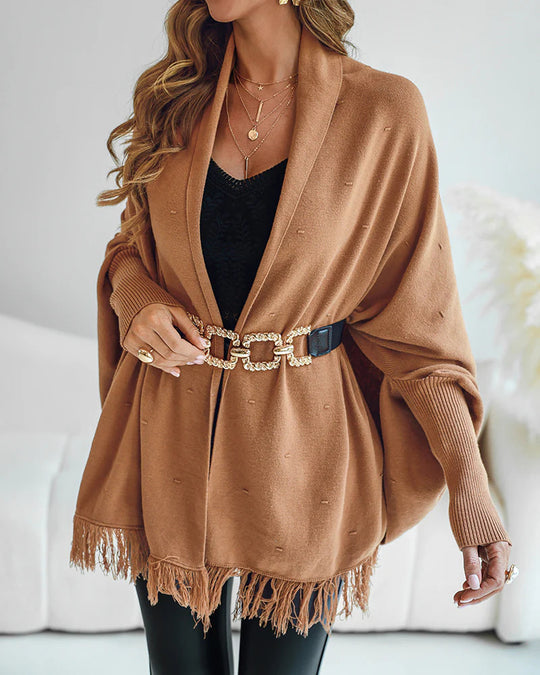 Damen Fransen‑Poncho‑Cardigan mit dekorativem Taillengürtel und Rippbündchen Shop Nory