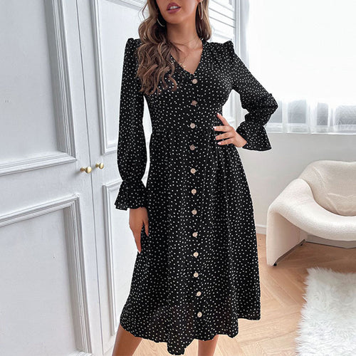 Damen Midi-Kleid mit V-Ausschnitt, Knopfleiste und geraffter Taillennaht Shop Nory