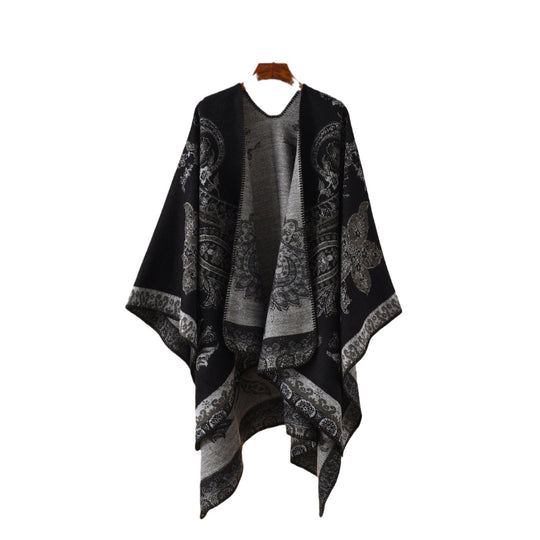 Damen Eleganter Jacquard-Poncho mit Paisley-Muster und offener Vorderseite Shop Nory