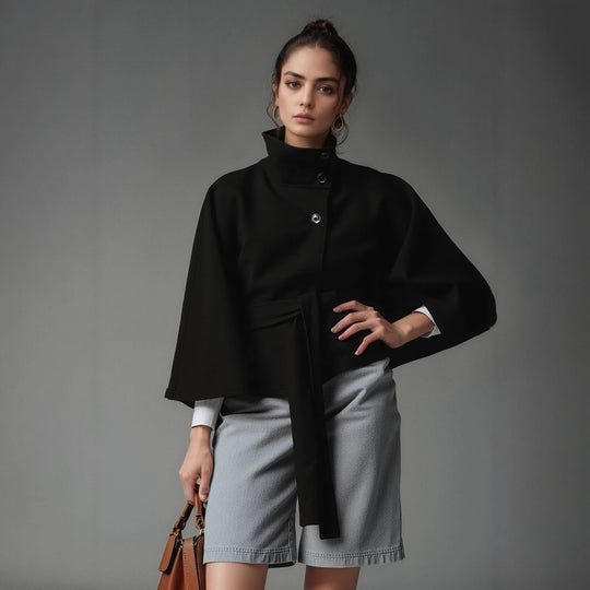 Damen nan kastiges Kurzcape Mantel mit Stehkragen und Bindegürtel Shop Nory