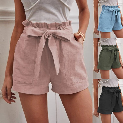 Damen Leichte Shorts mit dekorativem Bindegürtel und elastischem Bund Shopnory